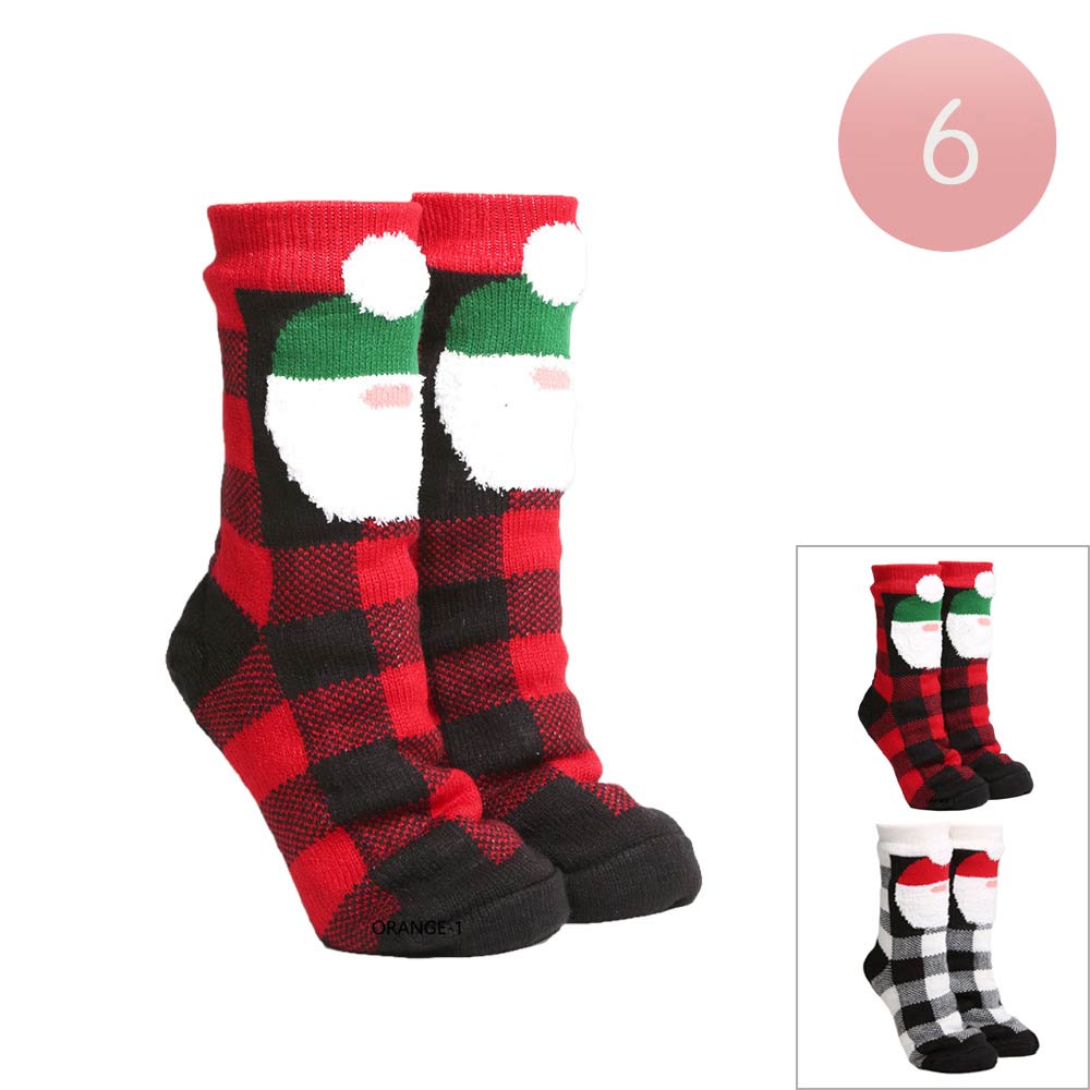 Assorted 6Pairs Santa Claus Buffalo Check Patterned Socks, feature festive holiday-themed designs such as Christmas and Santa Claus, making them ideal for creating an atmosphere of festive cheer. Excellent gift choice for the Christmas days. 