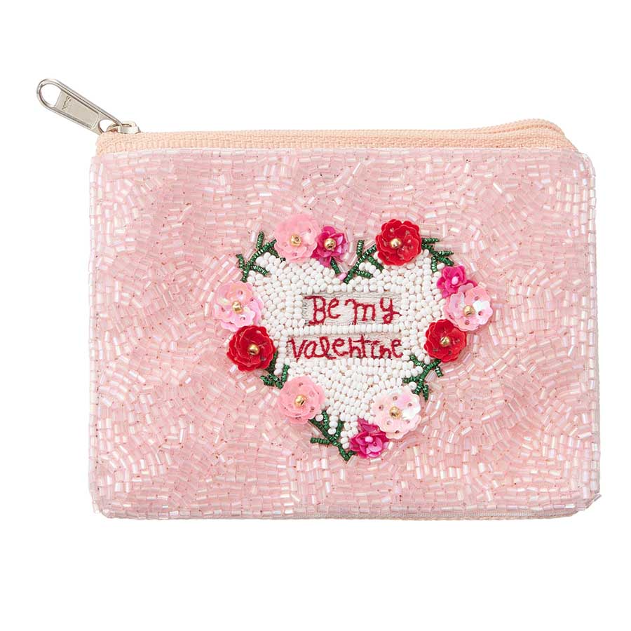 BE MY VALENTINE Message Flower Sequin Seed Beaded Mini Pouch Bag, Celebrate love with our specially designed pouch bag. This stylish and unique pouch features a heartfelt message and beautiful floral design. Perfect for carrying essentials, it's a lovely way to express your affection.