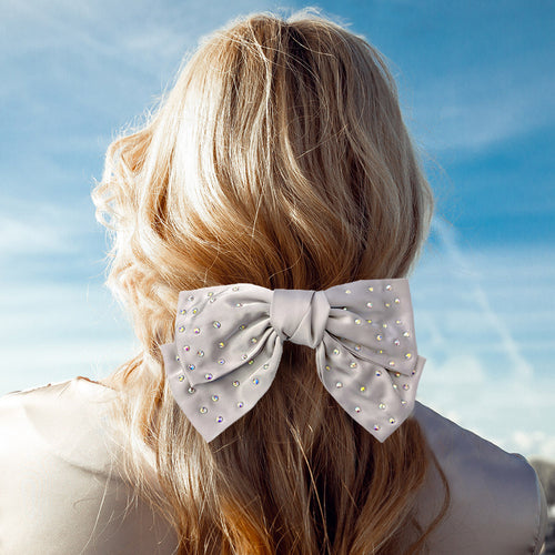 Bling Stone Embellished Bow Barrette - Gray