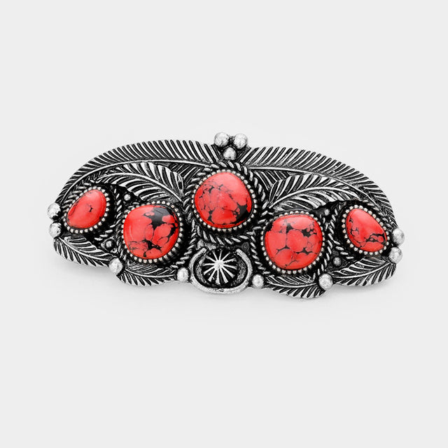 Madeline Love Red, Silver Burnished Tribal Red Coral Accented Leaf Cluster Barrette - Hair Accessories