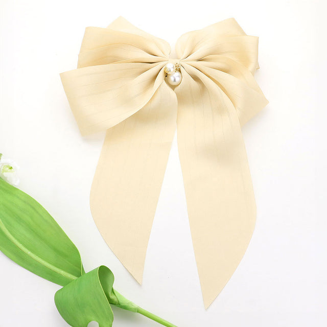 Madeline Love Beige Oversized Pearl Dangle Pointed Bow Barrette - Hair Accessories