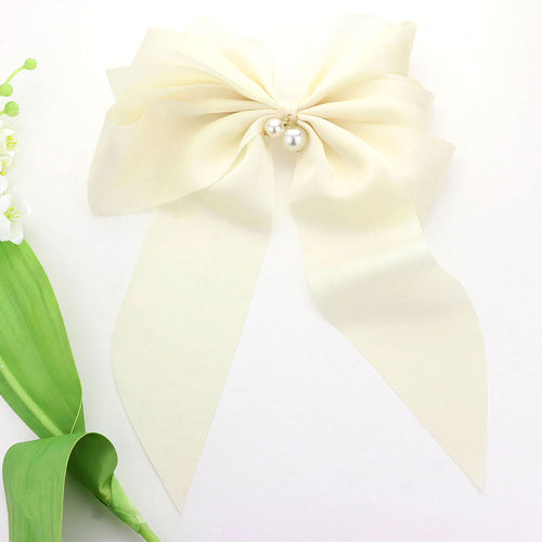 Oversized Pearl Dangle Pointed Bow Barrette - Cream