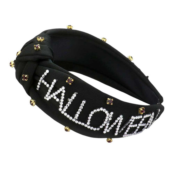 Black-Bling Studded HALLOWEEN Message Pointed Stone Cluster Embellished Knot Headband. This unique accessory features a cluster of sparkling stones and a playful message, making it the perfect addition to any spooky look. Crafted with a knot design, this headband is both comfortable and stylish. Bring on the Halloween fun!