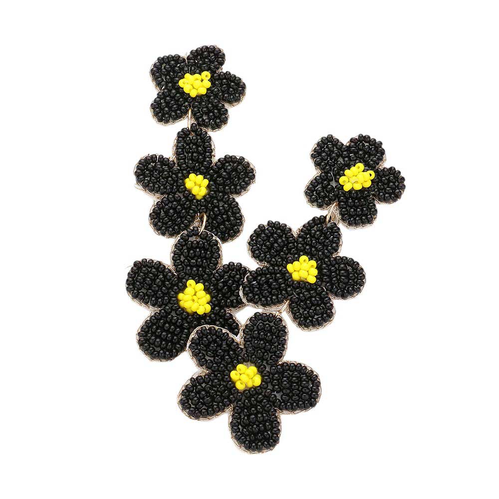 Black Felt Back Triple Flower Beaded Dropdown Earrings, Expertly crafted with three delicate flowers and intricate beading, these earrings add a touch of elegance to any outfit. Made with a soft felt backing for comfortable wear. Versatile and stylish, they are the perfect addition to your jewelry collection.