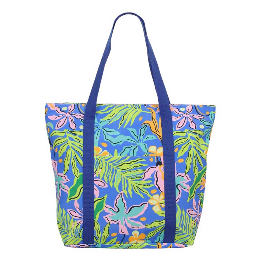 Blue Tropical Leaf Print Tote Bag, This stylish tote bag features a vibrant tropical leaf print, perfect for adding a touch of nature to your outfit. Made of durable material, it is great for carrying all your daily essentials while remaining lightweight. Bring a touch of the tropics wherever you go with this versatile tote