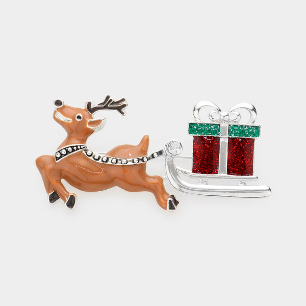Multi, Enamel Rudolph Glitter Christmas Gift Pin Brooch
