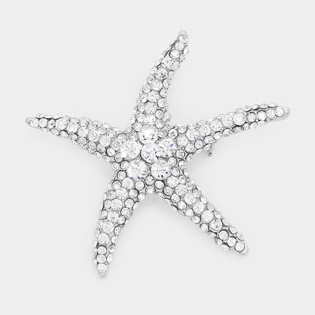 Silver Stone Paved Starfish Pin Brooch