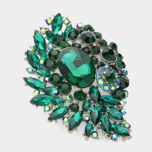 Oval Glass Stone Accented Marquise Stone Cluster Pin Brooch - Emerald