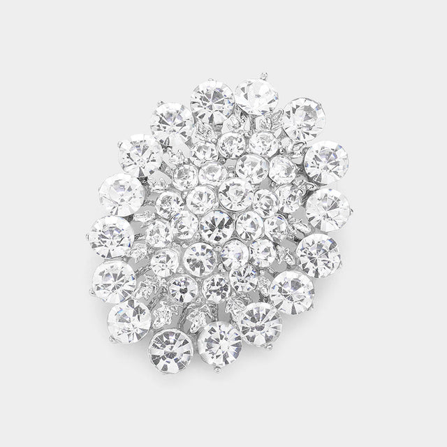 Madeline Love Clear, Silver Glass crystal cluster oval brooch - Brooches