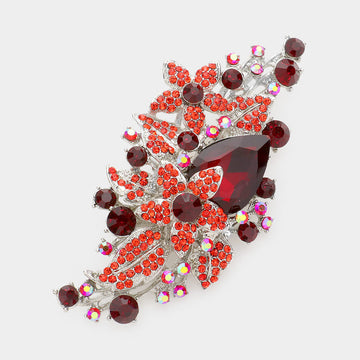 Madeline Love Red Flower Leaf Bouquet Crystal Rhinestone Brooch Pendant - Brooches
