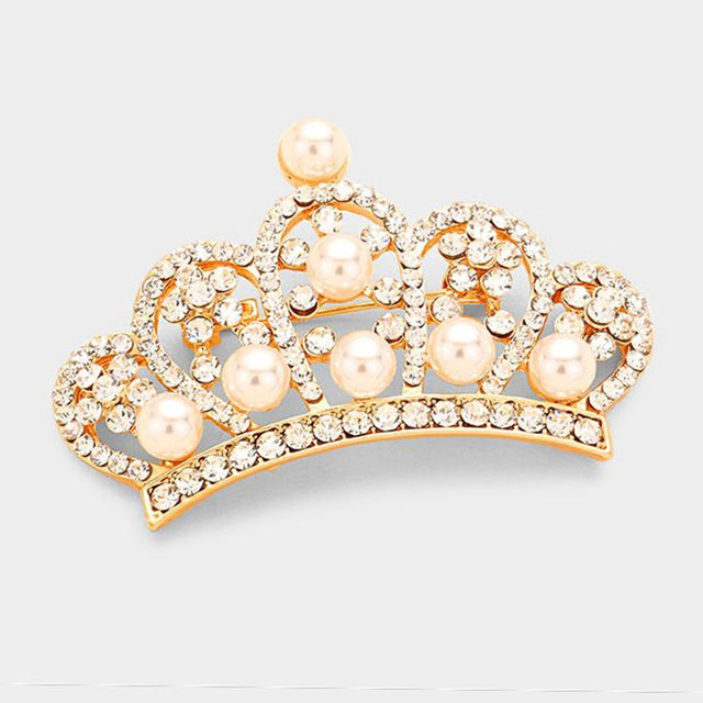 Madeline Love Gold, Cream, Clear Pave pearl crown brooch - Brooches