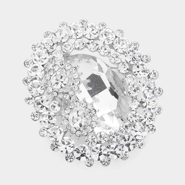 Madeline Love Clear, Silver Oval Glass Crystal Double Flower Pin Brooch - Brooches