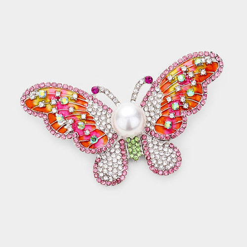 Pearl Rhinestone Pave Butterfly Pin Brooch - Gold, Pink