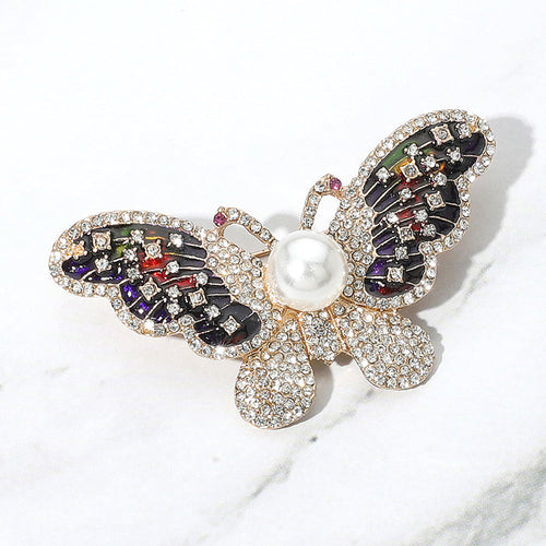 Pearl Rhinestone Pave Butterfly Pin Brooch - Gold