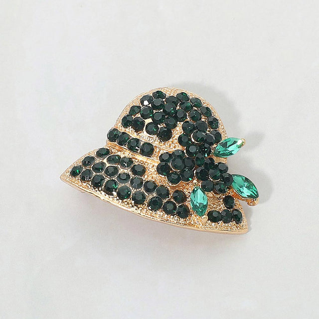 Madeline Love Emerald, Gold Flower Hat Rhinestone Pin Brooch