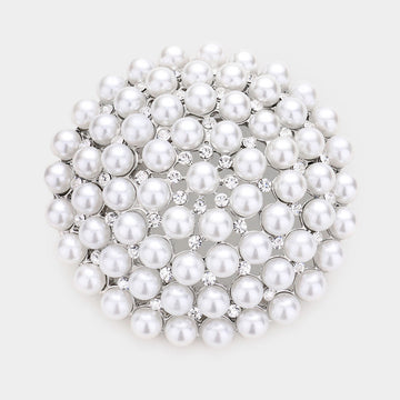 Madeline Love Rhodium, White Pearl Cluster Round Pin Brooch - Brooches
