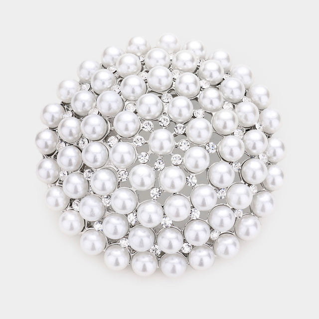 Madeline Love Rhodium, White Pearl Cluster Round Pin Brooch - Brooches