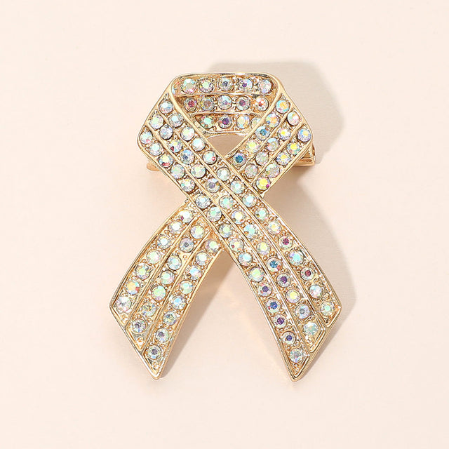 Madeline Love AB, Gold Rhinestone Embellished Pink Ribbon Pin Brooch