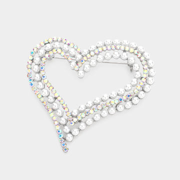 Madeline Love AB Pearl Rhinestone Embellished Open Heart Pin Brooch - Brooches