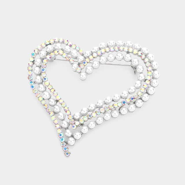 Madeline Love AB Pearl Rhinestone Embellished Open Heart Pin Brooch - Brooches