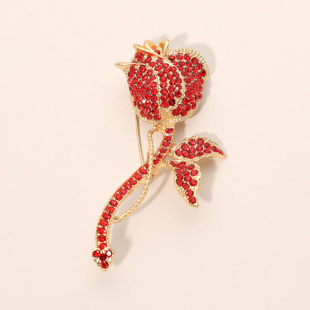 Madeline Love Gold, Red Rhinestone Pave Rose Flower Stem Pin Brooch