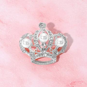 Madeline Love Silver Pearl Accent Stone Paved Regal Crown Pin Brooch - Brooches