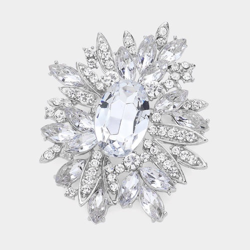 Crystal Flower Leaf Cluster Pin Brooch - Clear, Rhodium