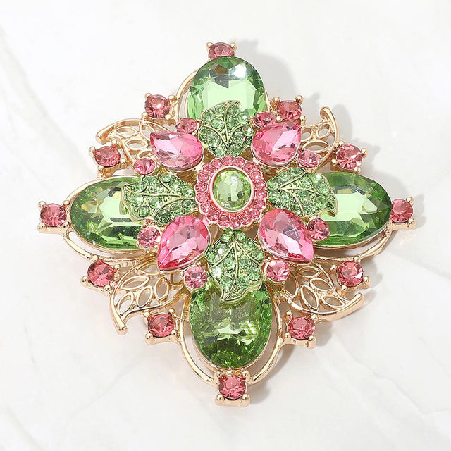 Madeline Love Gold, Pink&Green Bold Vintage Floral Rhinestone Pin Brooch - Brooches