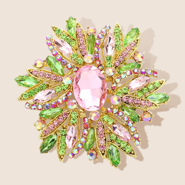 Madeline Love Pink&Green Glass Crystal Flower Brooch Pendant - Brooches