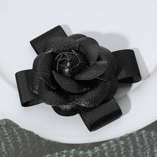 Faux Leather Flower Bow Pin Brooch Hair Clip - Black