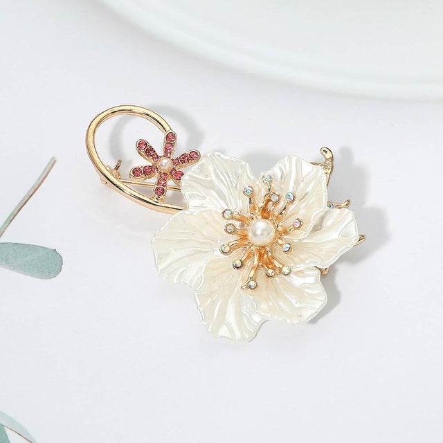 Madeline Love Cream, Gold Pearl Accent Double Floral Pin Brooch