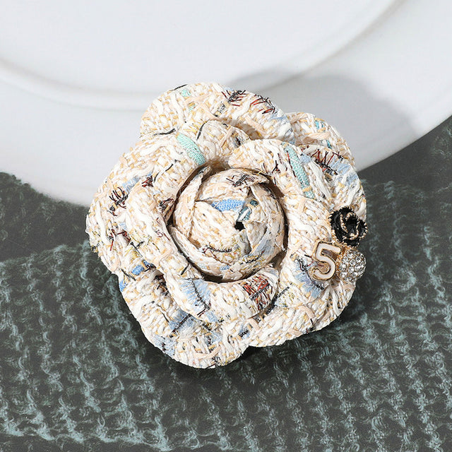 Madeline Love White Enamel Flower Number Five Pointed Tweed Flower Pin Brooch Hair Clip - Brooches