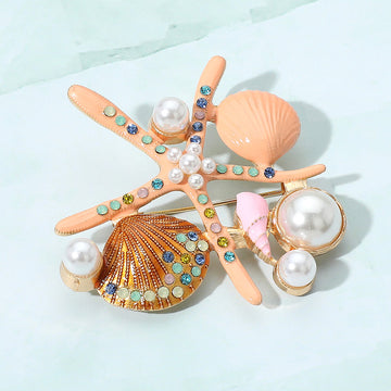 Madeline Love Coral Pearl Pointed Enamel Starfish Shell Pin Brooch - Brooches