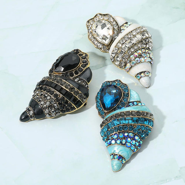 Black Stone Embellished Enamel Conch Seashell Pin Brooch