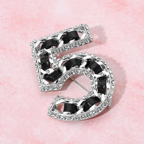 Rhinestone Rim Faux Leather Threaded Number Five Pin Brooch - Black, Rhodium