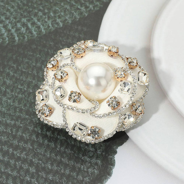 Madeline Love White Rhinestone Embellished Pearl Accent Flower Pin Brooch / Hair Clip