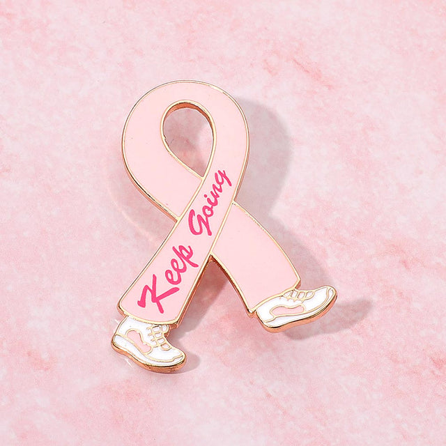 Gold KEEP GOING Pink Ribbon Pin Brooch