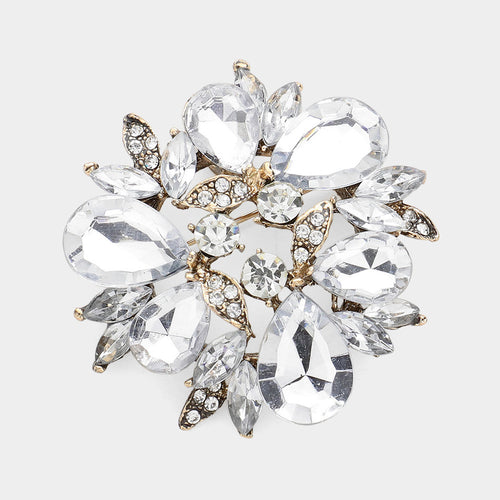 Glass Crystal Teardrop Wreath Pin Brooch - Clear, Gold