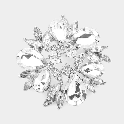 Glass Crystal Teardrop Wreath Pin Brooch - Silver