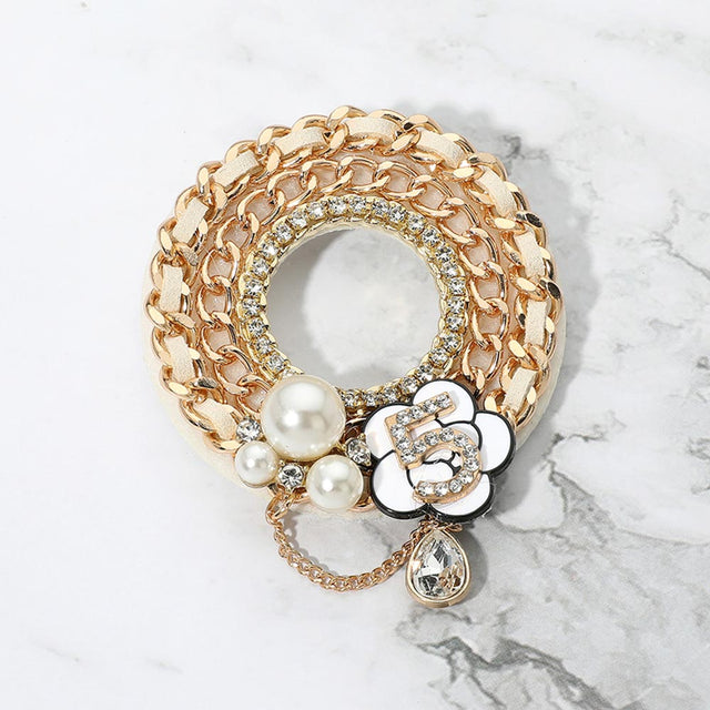 Madeline Love Gold, White Pearl Floral Number 5 Charm Chain Ring Pin Brooch
