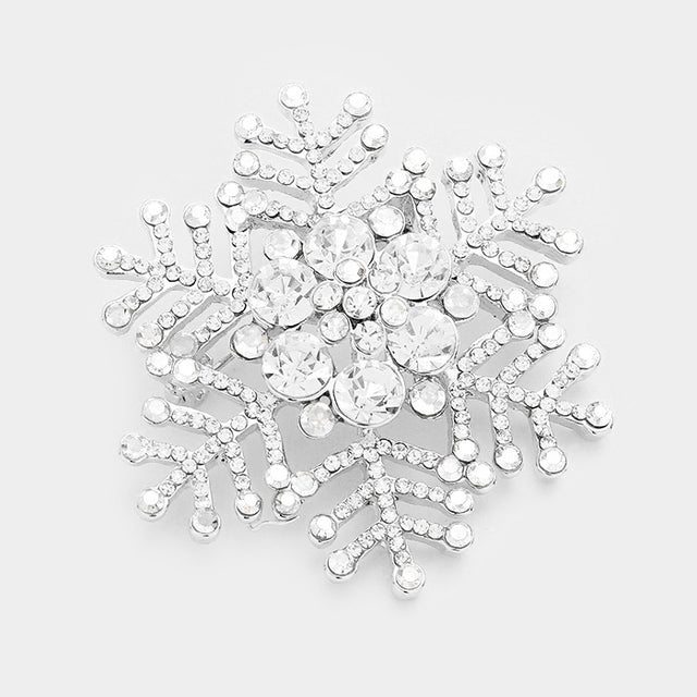 Madeline Love Clear, Silver Crystal Rhinestone Snowflake Pin Brooch - Brooches