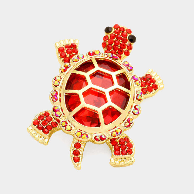 Red Stone Embellished Turtle Pin Brooch
