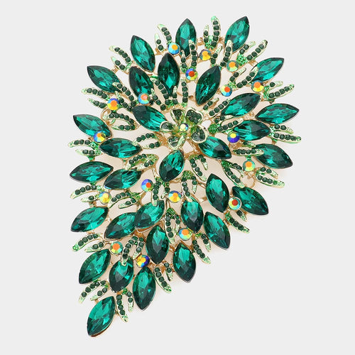 Flower Centered Marquise Stone Cluster Vine Pin Brooch - Gold, Green