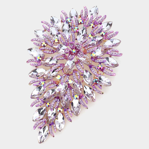 Flower Centered Marquise Stone Cluster Vine Pin Brooch - Gold, Lavender