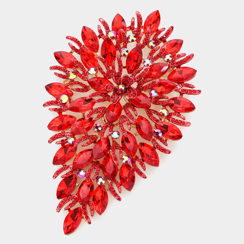 Flower Centered Marquise Stone Cluster Vine Pin Brooch - Gold, Red