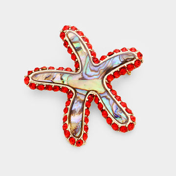 Madeline Love Abalone, Red Stone Trim Abalone Starfish Pin Brooch - Brooches