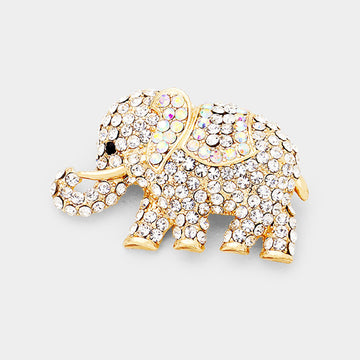 Madeline Love AB, Clear, Gold Stone Paved Elephant Pin Brooch - Brooches