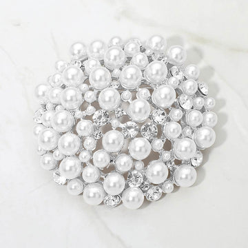 Madeline Love Rhodium, White Pearl Crystal Cluster Pin Brooch - Brooches