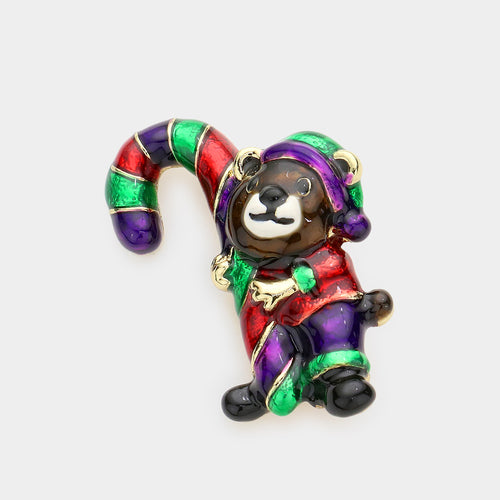 Bear with Christmas Candy Cane Pin Brooch - Gold