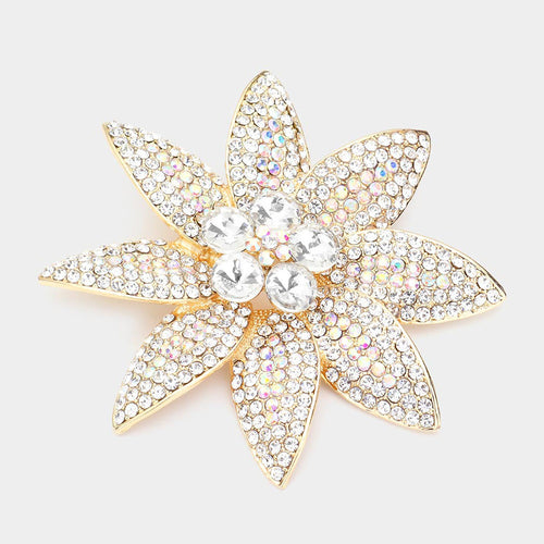 Stone Embellished Flower Pin Brooch - AB, Gold